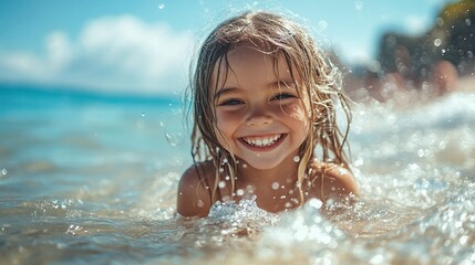 carefree child playing in ocean water on a sandy beach, smiling and splashing waves, enjoying a happy summer vacation filled with fun and relaxation