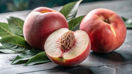 Flying Peach fruit with half slice and green leaves in the air with leaves isolated on background, Delicious fruit in summer season.