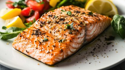 A close-up of a perfectly grilled salmon fillet with crispy skin, served with a side of fresh vegetables and lemon wedges on a white plate.