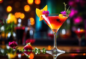 vibrant cocktail mix displayed trendy martini glass colorful ingredients garnishes, drink, beverage, party, refreshing, bar, mixology, spirits, alcohol, ice