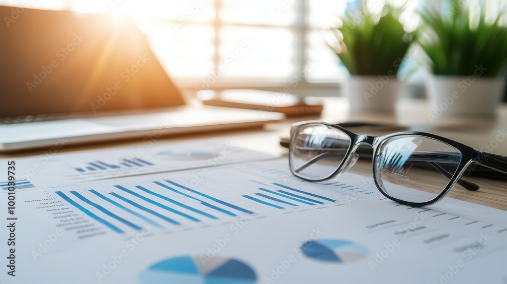 Wall mural glasses on financial reports with greenery in the background, warm sunlight.