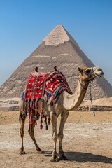 Camel with ornate saddle in front of the great pyramid