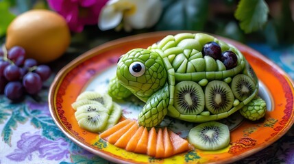 Creative Fruit Carving of a Turtle on a Plate  