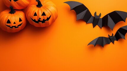 Halloween decorations with pumpkins and bats on an orange background.
