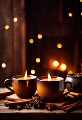 Fototapeta premium cozy mugs filled aromatic spiced beverages ideal warm comfort inviting atmosphere, warmth, drink, cup, cinnamon, clove, ginger, nutmeg, tea, coffee, steam