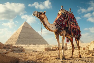 camel with ornate saddle in front of pyramid