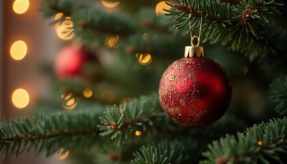 Fototapeta premium A close-up of a red bauble hanging from a Christmas tree branch with warm, festive lights in the background.