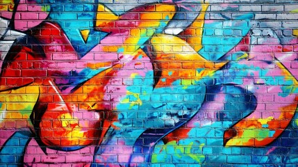 Fototapeta premium Colorful graffiti art on a brick wall with shades of blue, pink, orange and yellow.