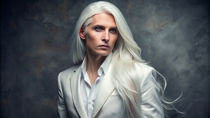 Fototapeta premium An elegant individual with long white hair poses in a fashionable white blazer, captured beautifully against a simple,