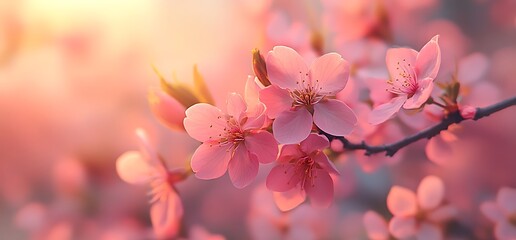 Obraz premium Close-up of delicate pink cherry blossoms blooming on a branch in soft sunlight.