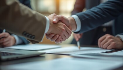 Two businesspeople shaking hands over a table with documents, symbolizing agreement or partnership.