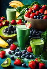 dynamic display vibrant smoothie ingredients featuring fresh colorful additives, fruits, greens, berries, bananas, spinach, kale, mango, pineapple, yogurt