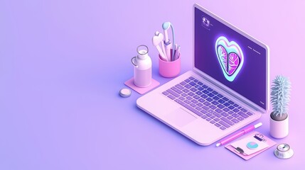 Modern laptop with colorful elements, minimalistic workspace, pastel colors.