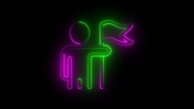 neon line glowing green color Man holding flag icon isolated on black background. Victory, winning and conquer adversity concept. 4K Video motion graphic