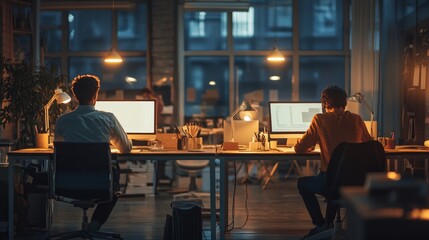 Two individuals work late in an office, illuminated by computer screens, showcasing a blend of technology and focused productivity in an urban environment.