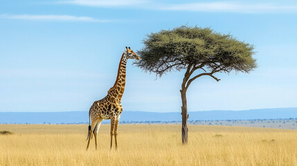 Fototapeta premium A giraffe is standing in a field next to a tree