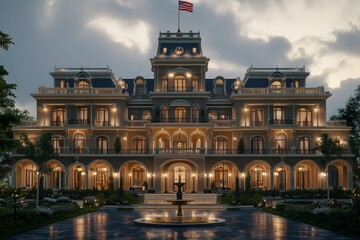 Fototapeta premium Ornate historic building with american flag at night