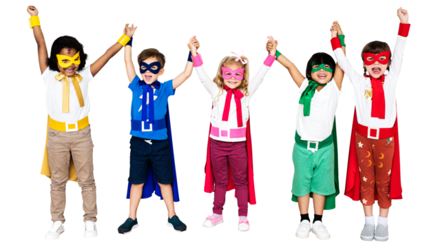 Superhero kids png clipart, raising hands, transparent background - Powered by Adobe