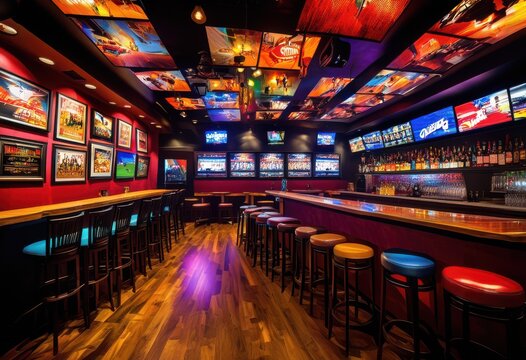 energetic sports bar atmosphere featuring lively action moments colorful decor engaging fans exciting games, vibrant, entertainment, excitement, seating