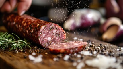 A close-up shot of a sausage being sliced on a wooden cutting board, showing the juicy interior and the texture of the meat and seasoning.