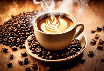 premium coffee beans hot cup steam rising rich aroma, quality, beverage, drink, espresso, roast, brew, caffeine, flavor, dark, blend, ground, freshness