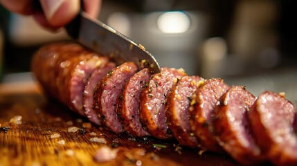 A close-up shot of a sausage being sliced on a wooden cutting board, showing the juicy interior and the texture of the meat and seasoning.