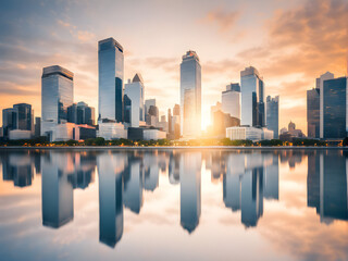 Blur City building with water reflection before sunset background