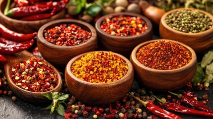 A colorful composition of dried chilies, chili flakes, and chili powder in wooden bowls, surrounded by other spices and seasoning ingredients.