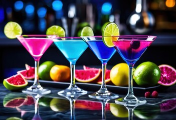 trendy martini glasses showcasing vibrant cocktail colors chic stylish arrangement, drinkware, barware, beverage, party, celebration, elegance, design