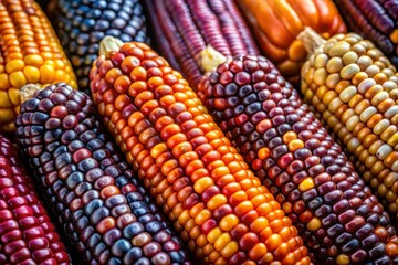 Detailed Close-Up Images of Corn Kernels Showing Varied Colors and Textures on the Cob