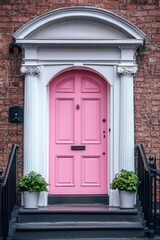 Vibrant pink door with white architectural details