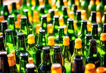 colorful craft beer bottles displayed lush green hops backdrop highlighting vibrant hues unique designs, ale, amber, artisan, beverage, bubbles, carbonation