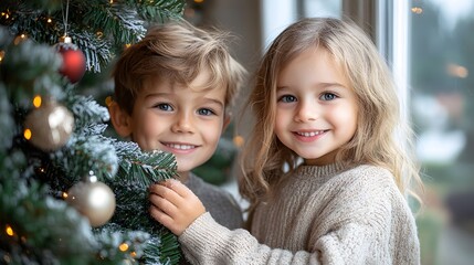 Children decorating a Christmas tree with colorful ornaments in a cozy home