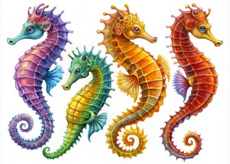 Obraz premium Detailed seahorse illustrations showcasing diverse poses and artistic styles, designed for both educational insights
