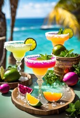 Fototapeta premium vibrant margarita cocktails adorned colorful showcasing plethora fresh ingredients lively colors refreshing drink experience, garnish, beverage, glass, lime