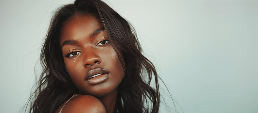 Black african american woman beautiful glowing skin radiant beauty summer golden hour shadows skincare luxurious spa aesthetic esthetician dermatologist self-care wellness banner blanl palin space lux