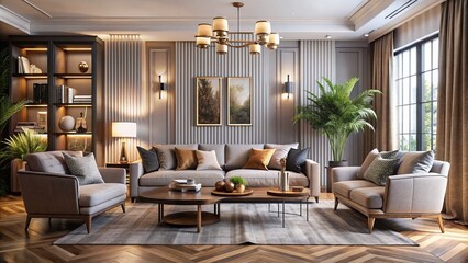 Chic interior decor emphasizing modern furniture, exquisite textiles, and fashionable design elements, creating a