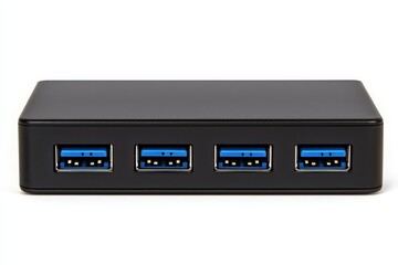 USB hub with four blue USB 3.0 ports, black isolate background.