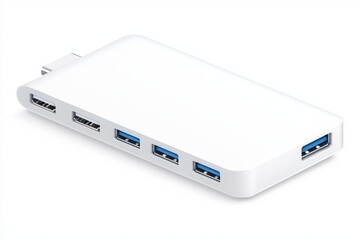 USB hub with multiple ports, white isolated background.
