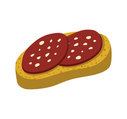 Tasty Pepperoni on Crisp and Fresh Toast Slick. Breakfast sandwich bread with sausage. Vector illustration