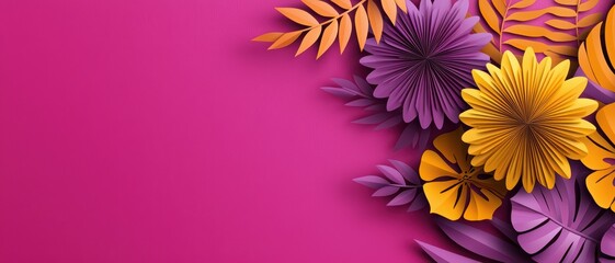Obraz premium Vibrant paper flowers in purple and orange on a pink background.