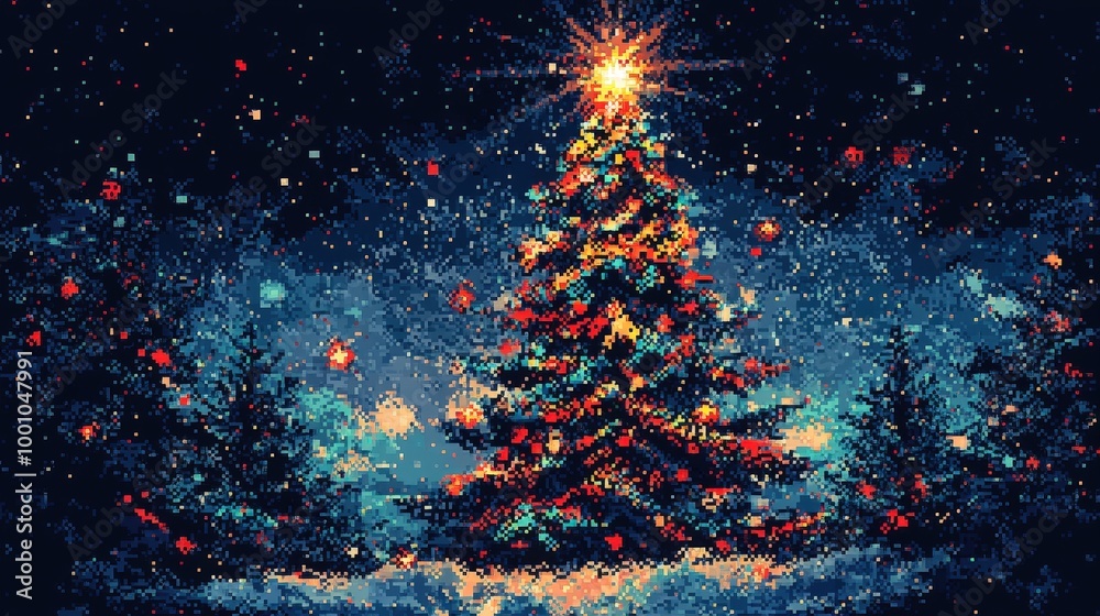 Canvas Prints The glowing Christmas tree stands proud with multicolored decorations, illuminating the snow-covered ground beneath it. Surrounding fir trees add to the festive atmosphere