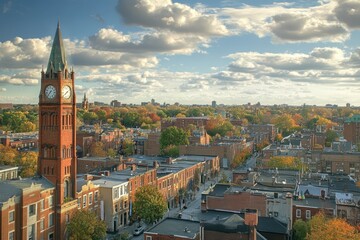Scenic cityscape with historic clock tower and autumn foliage