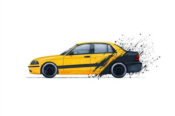 Fototapeta premium Yellow sports car with dynamic splatter design on white isolated background.