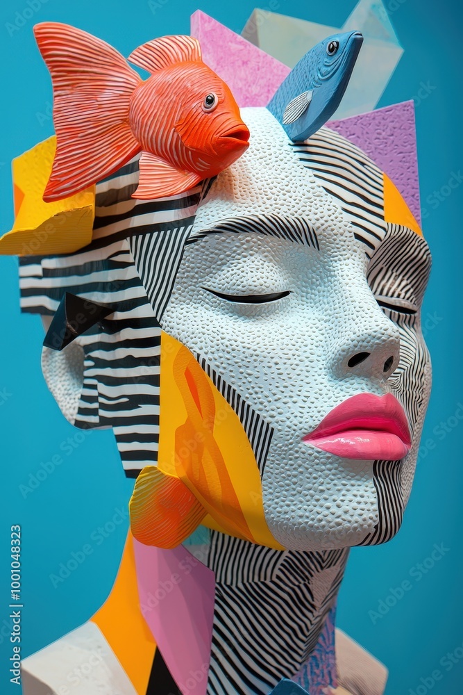 Poster a striking sculpture features a stylized head adorned with bright geometric patterns, fish, and bold