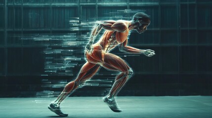 Fototapeta premium A dynamic shot of a person in motion, such as running or stretching, with an overlay of anatomical lines and labels highlighting muscle groups and joints.