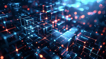 Obraz premium abstract background neon glowing lights and black cubes , futuristic technology wallpaper, digital cyber tech backdrop