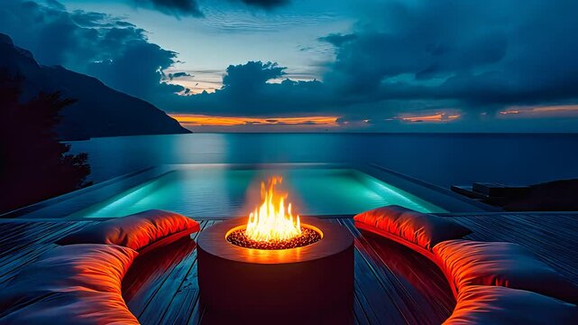 Luxurious outdoor fire pit with ocean view at sunset, cozy seating, warm ambiance, and serene landscape for ultimate relaxation.