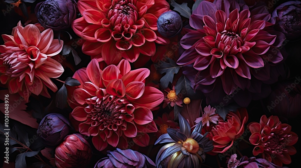 Sticker A striking collection of lustrous red and purple flowers fills the frame, displaying their detailed petals against a dark backdrop, creating a rich, vibrant contrast