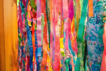 Vibrant and colorful fabric strips hanging in a festive display